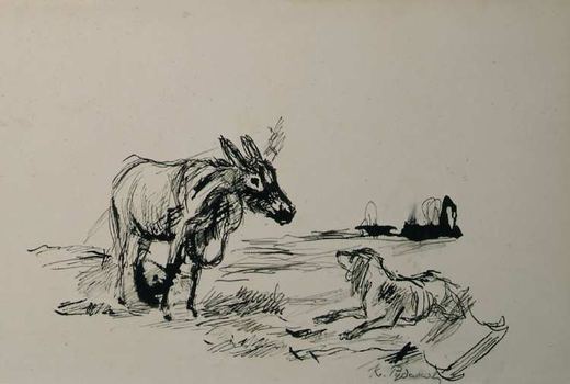 Der Esel und der Hund (nach dem Märchen der Brüder Grimm Die Bremer Stadtmusikanten) von Konstantin Iwanowitsch Rudakow, 1935.