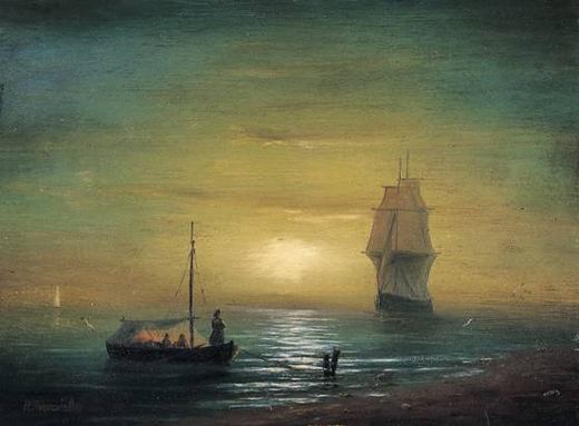 Zar Peter der Große beobachtet das fremde Schiff, das in den Hafen einfährt von Wjatscheslaw Pawlowitsch Bitschkow, 1896.